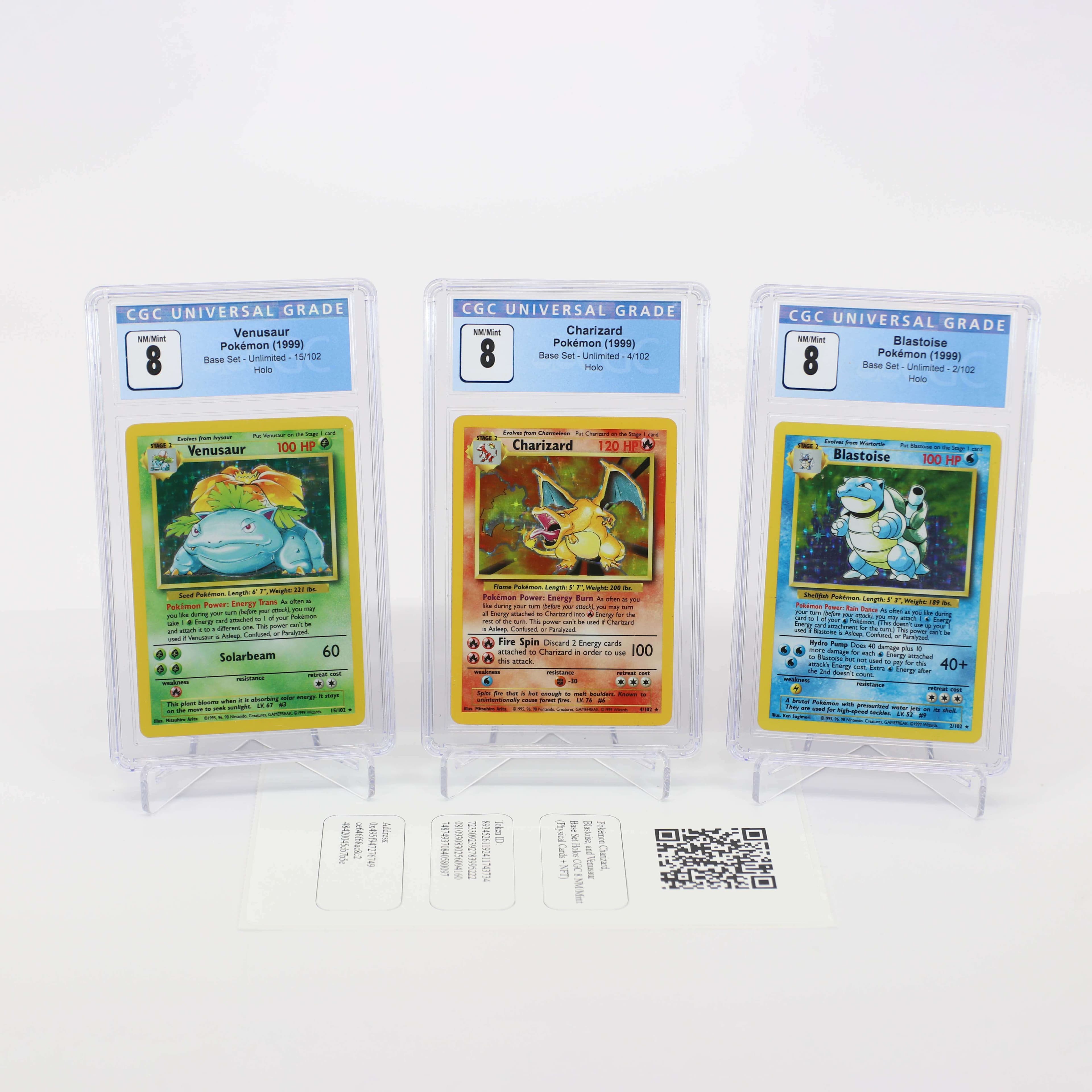 Pokémon Charizard, Blastoise, and Venusaur Base Set Holos CGC 8 NM/Mint 