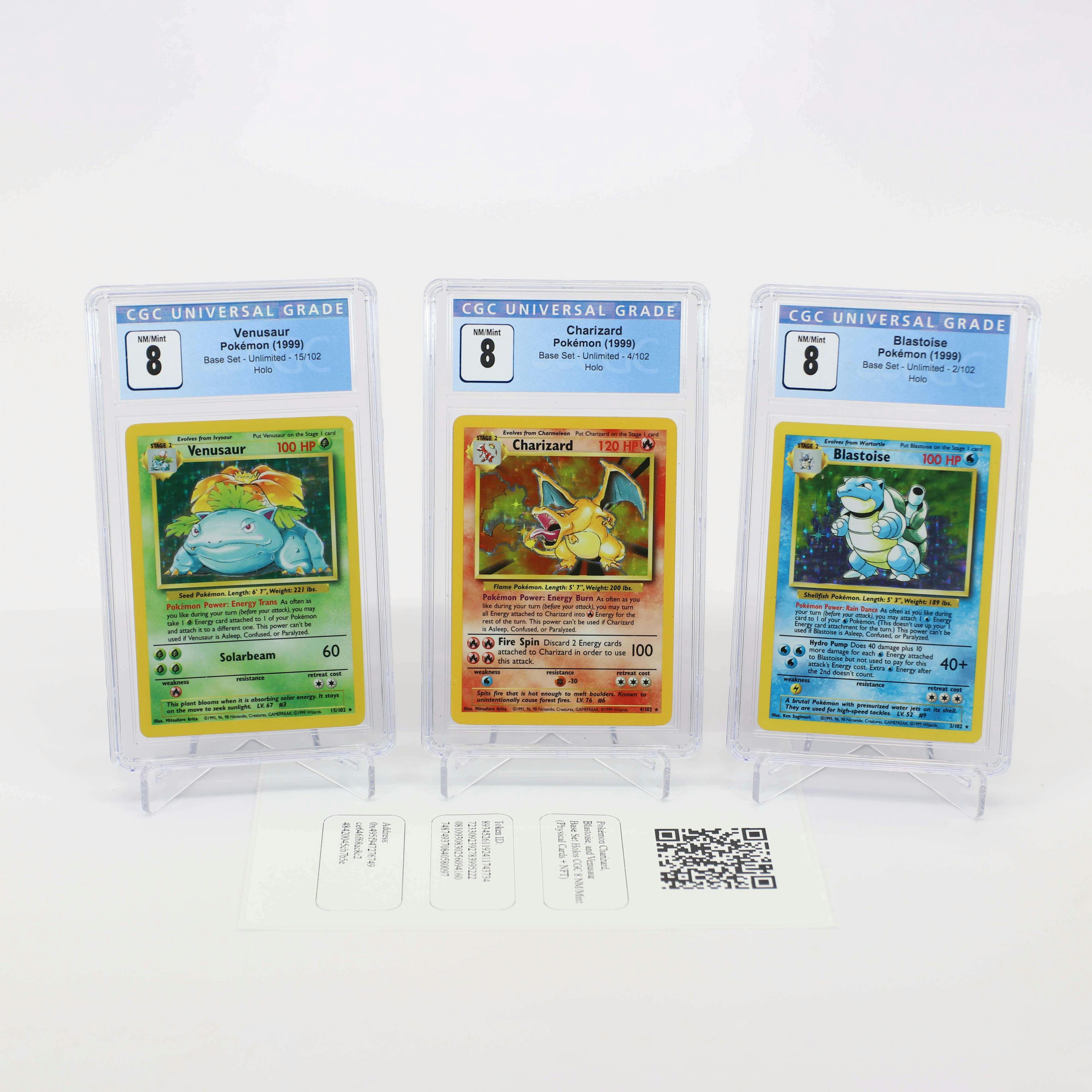 Pokémon Charizard, Blastoise, and Venusaur Base Set Holos CGC 8 NM/Mint 