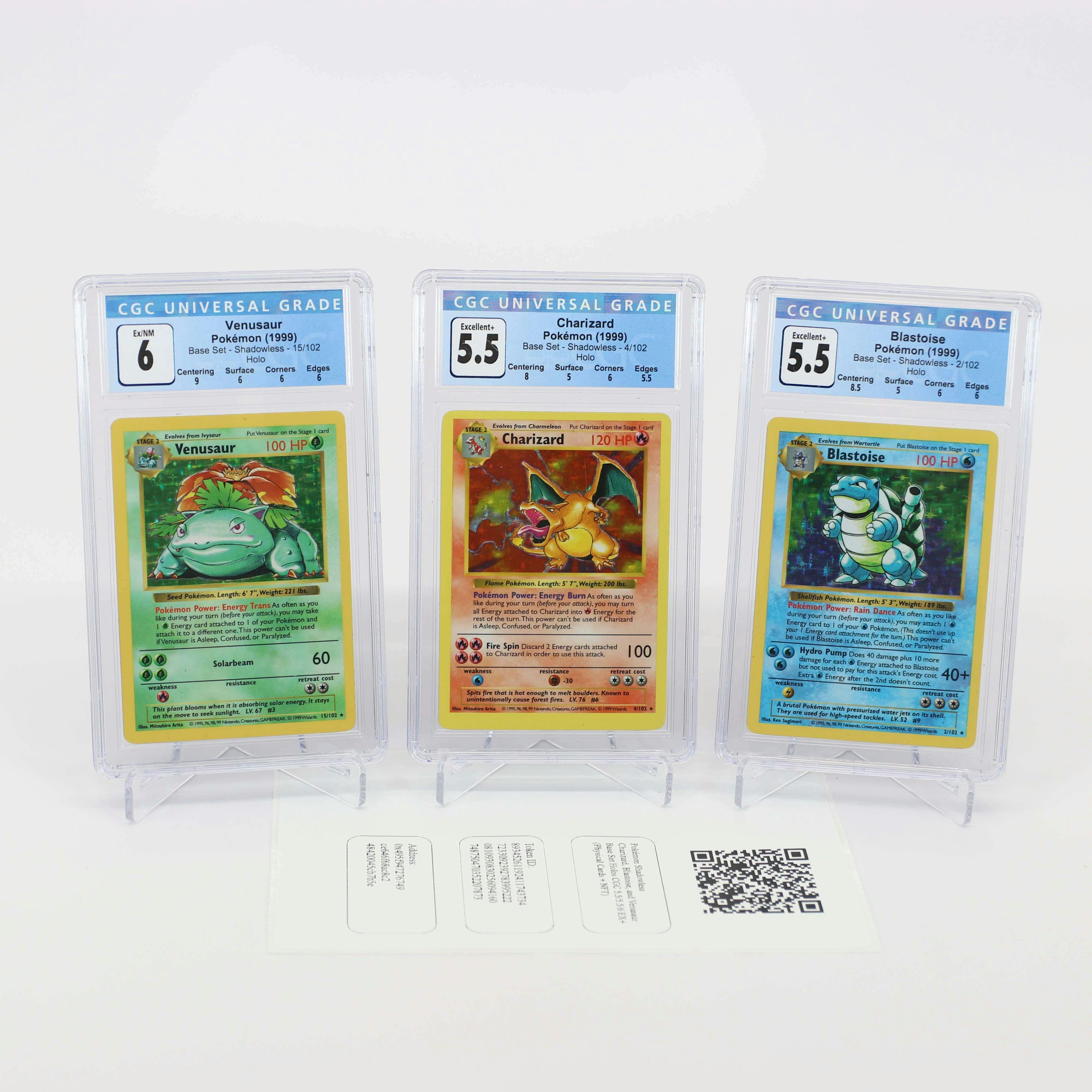 Pokémon Shadowless Charizard, Blastoise, and Venusaur Base Set Holos CGC 5.5/5.5/6 EX+ 
